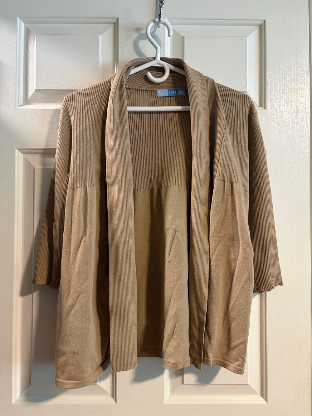 Denver Hayes Open-Front Cardigan in Camel Tan